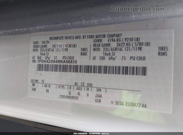 1FDAX2X84RKA56835 2024 FORD PASSENGER Белый Вид подкапотного пространства