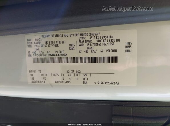 1FDBF6Z80MKA43052 2021 FORD TRANSIT-350 White Շարժիչի բաժամունքի տեսք