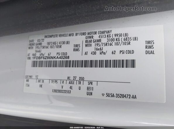 1FDBF6Z86NKA40268 2022 FORD TRANSIT-350 Белый Вид подкапотного пространства