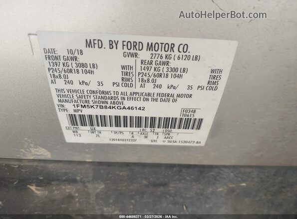1FM5K7B84KGA46142 2019 FORD FORD EXPLORER Серебряный Вид подкапотного пространства