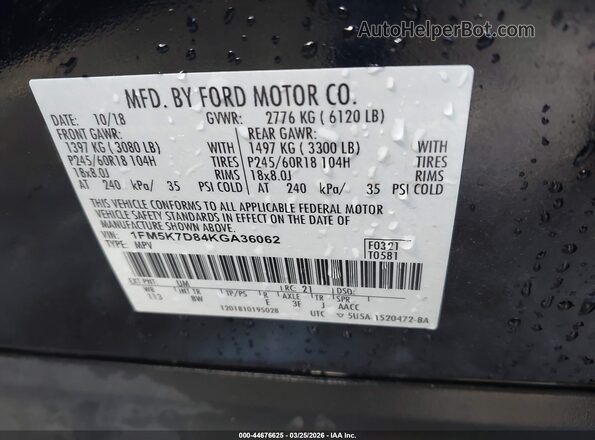 1FM5K7D84KGA36062 2019 FORD FORD EXPLORER Black ძრავის განყოფილების ხედი