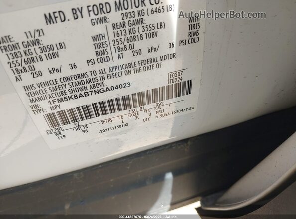 1FM5K8AB7NGA04023 2022 FORD POLICE INTERCEPTOR Белый Вид подкапотного пространства