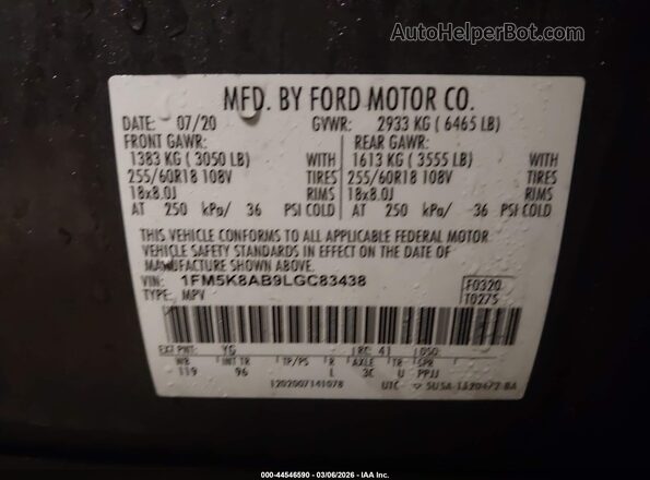 1FM5K8AB9LGC83438 2020 FORD POLICE INTERCEPTOR Gray Vista del compartimento del motor