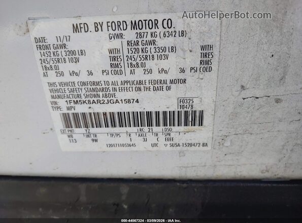 1FM5K8AR2JGA15874 2018 FORD POLICE INTERCEPTOR White Vista del compartimento del motor
