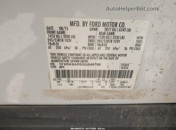 1FM5K8AR5GGA86768 2016 FORD UTILITY POLICE INTERCEPTOR Белый Вид подкапотного пространства