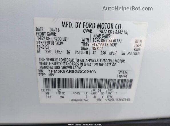 1FM5K8AR8GGC92103 2016 FORD UTILITY POLICE INTERCEPTOR Белый Вид подкапотного пространства