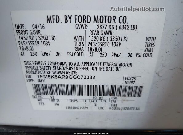 1FM5K8AR9GGC73382 2016 FORD UTILITY POLICE INTERCEPTOR Белый Вид подкапотного пространства