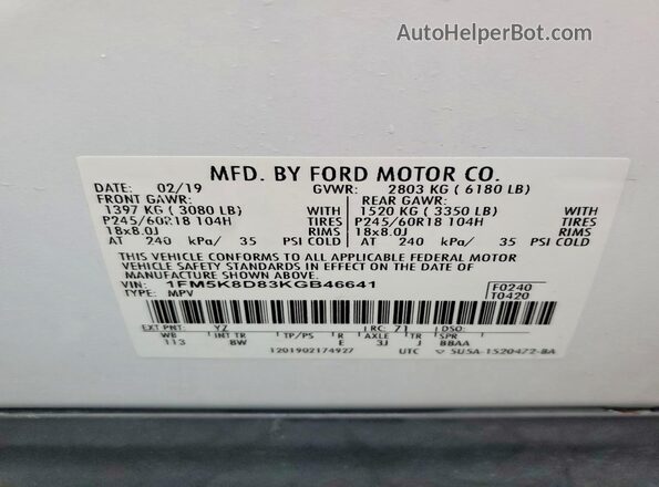 1FM5K8D83KGB46641 2019 FORD FORD EXPLORER White Widok naklejki z numerem VIN