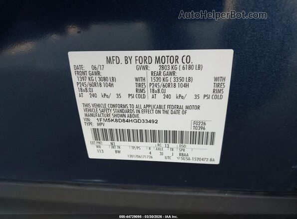 1FM5K8D84HGD33492 2017 FORD FORD EXPLORER Blue Vista del compartimento del motor