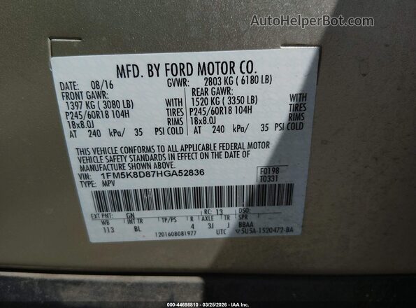 1FM5K8D87HGA52836 2017 FORD FORD EXPLORER Champagne Vista del compartimento del motor