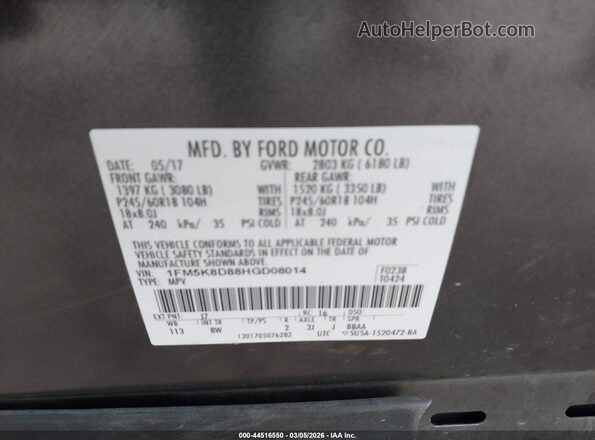 1FM5K8D88HGD08014 2017 FORD FORD EXPLORER Gray Engine compartment view