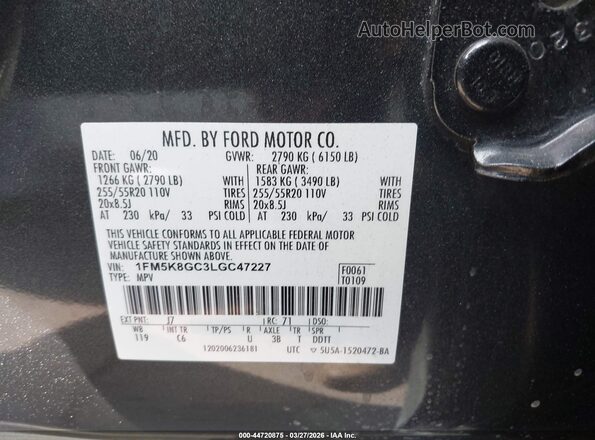 1FM5K8GC3LGC47227 2020 FORD FORD EXPLORER Серый Вид подкапотного пространства