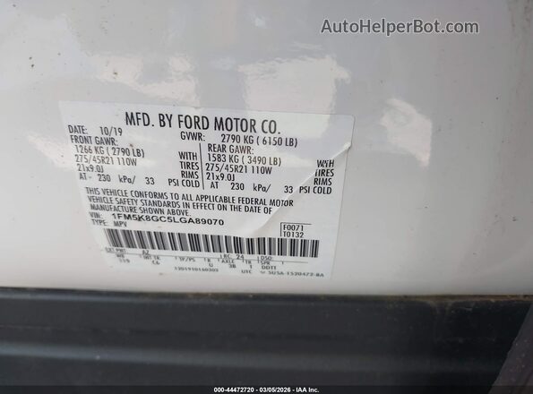 1FM5K8GC5LGA89070 2020 FORD FORD EXPLORER Белый Вид подкапотного пространства