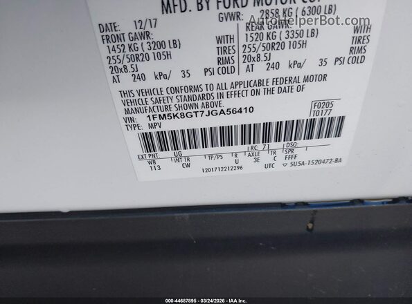 1FM5K8GT7JGA56410 2018 FORD FORD EXPLORER Белый Вид подкапотного пространства