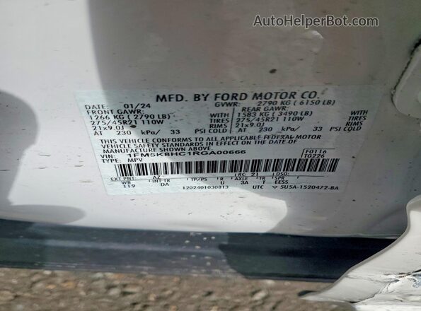 1FM5K8HC1RGA00666 2024 FORD FORD EXPLORER White Widok wnętrza 360 stopni