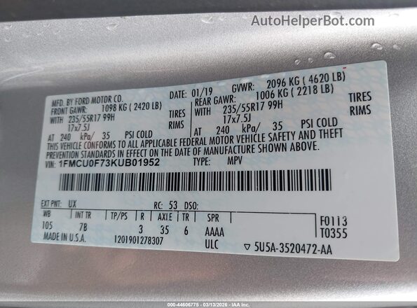 1FMCU0F73KUB01952 2019 FORD ESCAPE Серебряный Вид подкапотного пространства