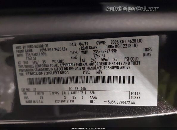 1FMCU0F73KUB78501 2019 FORD ESCAPE Серый Вид подкапотного пространства