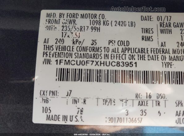 1FMCU0F7XHUC83951 2017 FORD ESCAPE Серый Вид подкапотного пространства