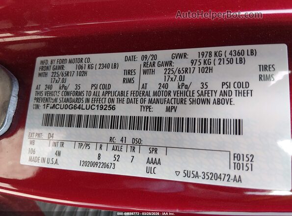 1FMCU0G64LUC19256 2020 FORD ESCAPE Red Вид підкапотного простору