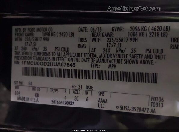 1FMCU0GD2HUA67645 2017 FORD ESCAPE Черный Вид подкапотного пространства