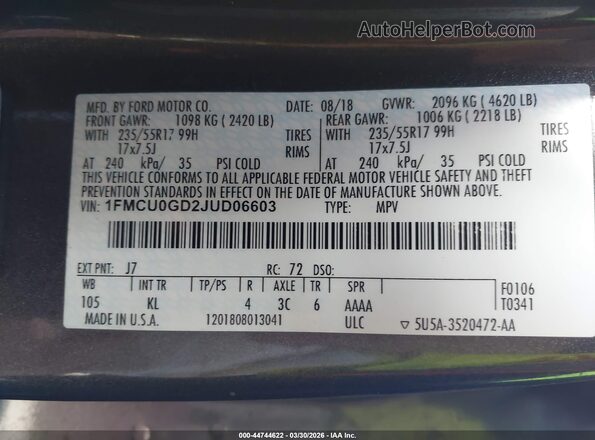 1FMCU0GD2JUD06603 2018 FORD ESCAPE Gray Engine compartment view