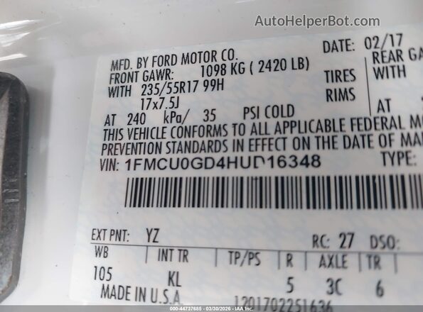 1FMCU0GD4HUD16348 2017 FORD ESCAPE White Շարժիչի բաժամունքի տեսք