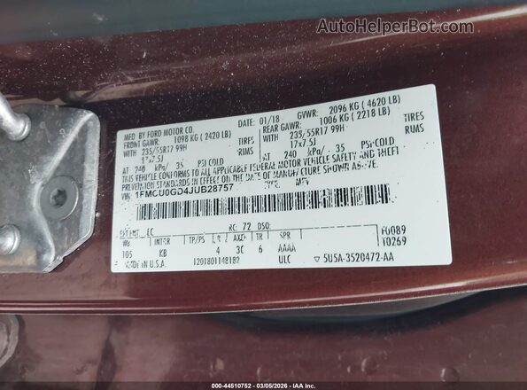 1FMCU0GD4JUB28757 2018 FORD ESCAPE Maroon ძრავის განყოფილების ხედი