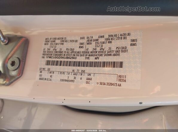 1FMCU0GD5KUB62563 2019 FORD ESCAPE White Engine compartment view