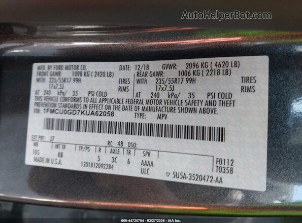 1FMCU0GD7KUA62058 2019 FORD ESCAPE Серый Вид подкапотного пространства