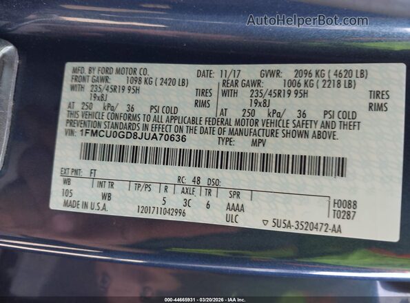 1FMCU0GD8JUA70636 2018 FORD ESCAPE Синий Вид подкапотного пространства