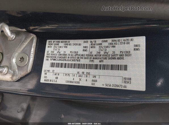 1FMCU0GD9JUC85765 2018 FORD ESCAPE Blue Vista del compartimento del motor