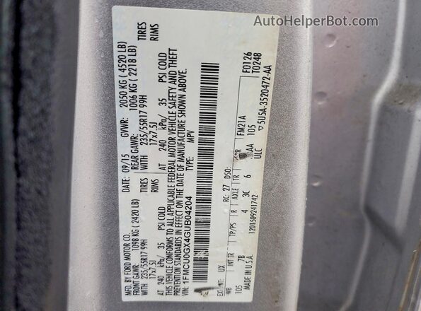 1FMCU0GX4GUB04204 2016 FORD ESCAPE Silver Widok naklejki z numerem VIN