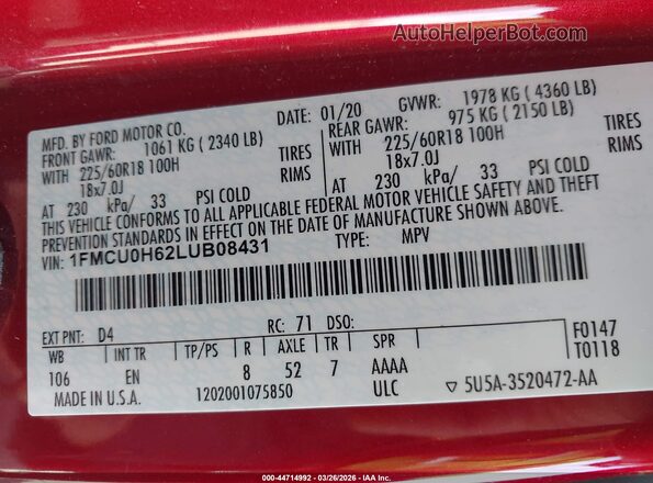 1FMCU0H62LUB08431 2020 FORD ESCAPE Красный Вид подкапотного пространства