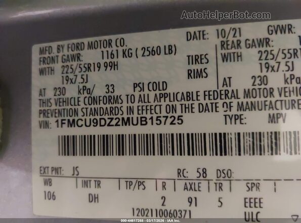 1FMCU9DZ2MUB15725 2021 FORD ESCAPE Silver Widok komory silnika