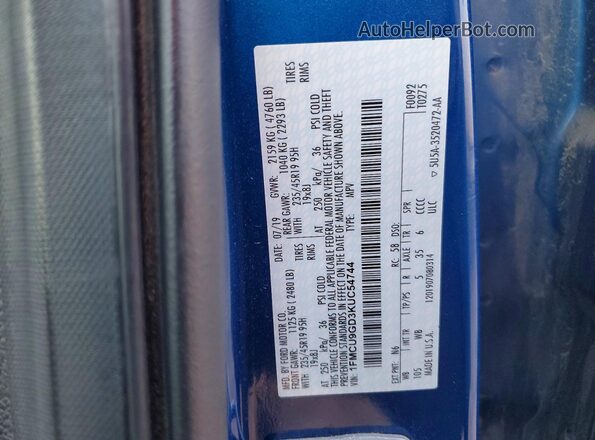 1FMCU9GD3KUC54744 2019 FORD ESCAPE Blue Widok naklejki z numerem VIN