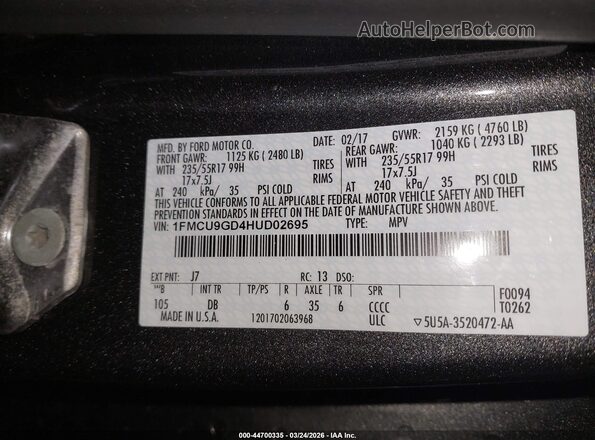 1FMCU9GD4HUD02695 2017 FORD ESCAPE Gray Вид підкапотного простору