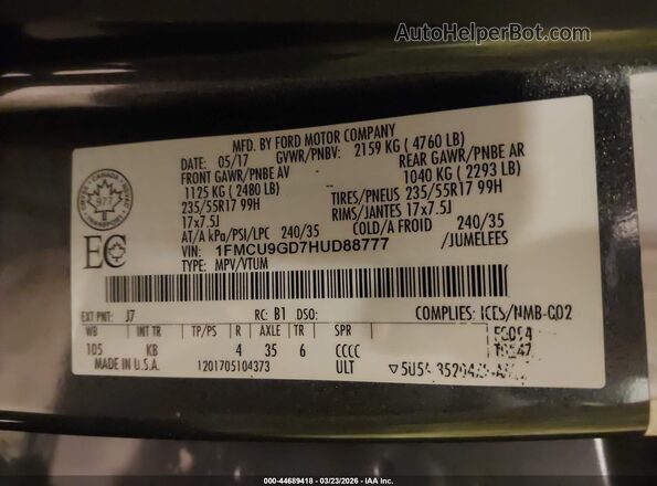 1FMCU9GD7HUD88777 2017 FORD ESCAPE Серый Вид подкапотного пространства
