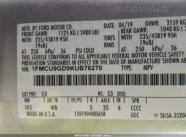 1FMCU9GD9KUB78270 2019 FORD ESCAPE Серебряный Вид подкапотного пространства