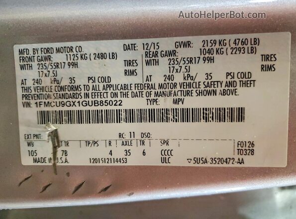 1FMCU9GX1GUB85022 2016 FORD ESCAPE Серебряный Вид наклейки с VIN-кодом