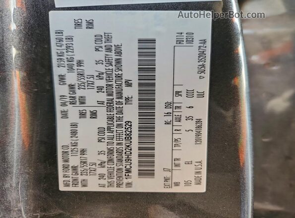 1FMCU9HD2KUB82529 2019 FORD ESCAPE Gray Շարժիչի բաժամունքի տեսք
