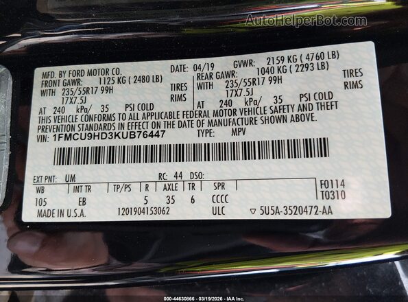 1FMCU9HD3KUB76447 2019 FORD ESCAPE Черный Вид подкапотного пространства