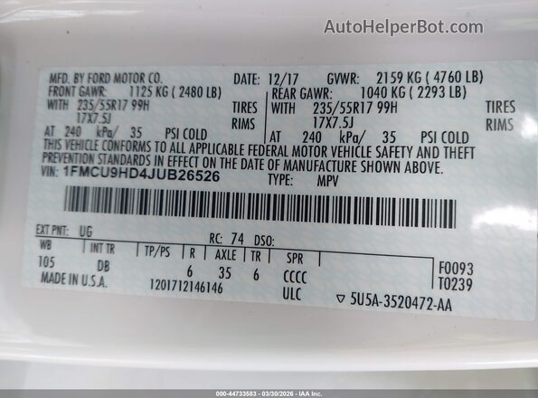 1FMCU9HD4JUB26526 2018 FORD ESCAPE White Вид підкапотного простору