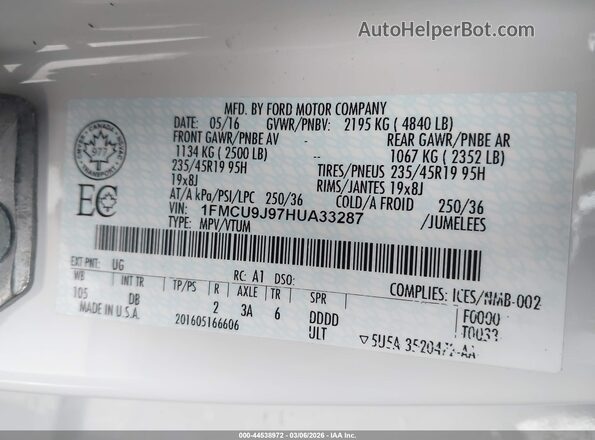 1FMCU9J97HUA33287 2017 FORD ESCAPE Белый Вид подкапотного пространства