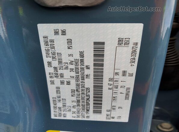 1FMEE5BP2NLB71235 2022 FORD BRONCO Blue Widok wnętrza 360 stopni