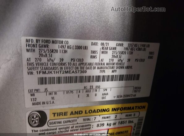 1FMJK1HT2MEA57369 2021 FORD EXPEDITION Серебряный Вид подкапотного пространства