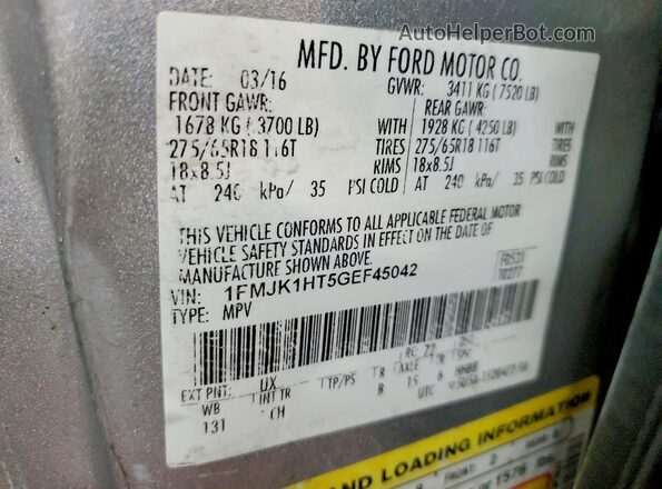 1FMJK1HT5GEF45042 2016 FORD EXPEDITION Silver Widok naklejki z numerem VIN