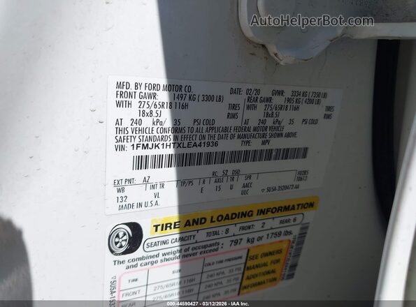 1FMJK1HTXLEA41936 2020 FORD EXPEDITION White Вид підкапотного простору