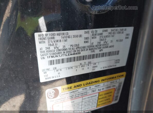 1FMJK1JT1LEA48459 2020 FORD EXPEDITION Черный Вид подкапотного пространства
