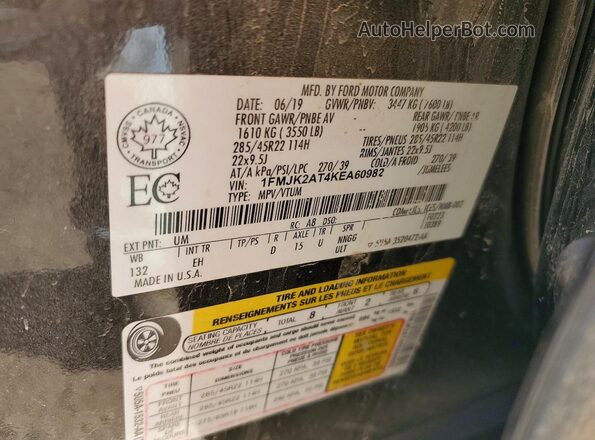 1FMJK2AT4KEA60982 2019 FORD EXPEDITION Черный Вид наклейки с VIN-кодом