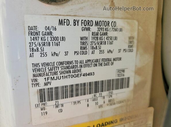 1FMJU1HT0GEF49493 2016 FORD EXPEDITION Белый Вид наклейки с VIN-кодом